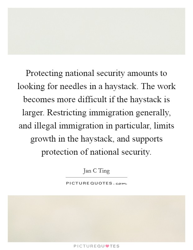 Protecting national security amounts to looking for needles in a haystack. The work becomes more difficult if the haystack is larger. Restricting immigration generally, and illegal immigration in particular, limits growth in the haystack, and supports protection of national security. Picture Quote #1