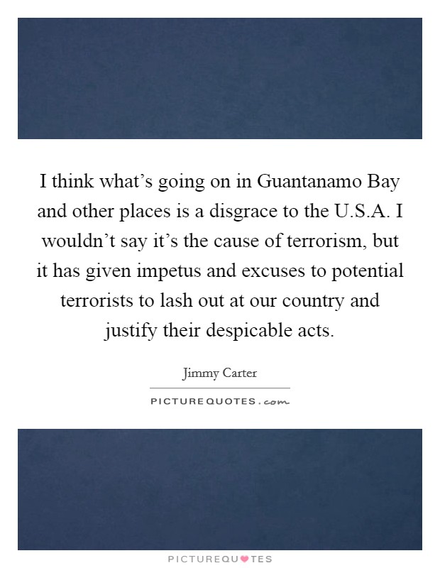 I think what's going on in Guantanamo Bay and other places is a disgrace to the U.S.A. I wouldn't say it's the cause of terrorism, but it has given impetus and excuses to potential terrorists to lash out at our country and justify their despicable acts. Picture Quote #1