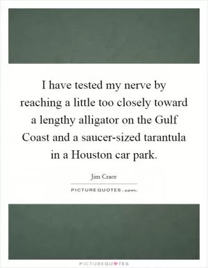 I have tested my nerve by reaching a little too closely toward a lengthy alligator on the Gulf Coast and a saucer-sized tarantula in a Houston car park Picture Quote #1