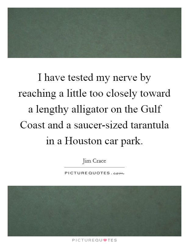 I have tested my nerve by reaching a little too closely toward a lengthy alligator on the Gulf Coast and a saucer-sized tarantula in a Houston car park. Picture Quote #1