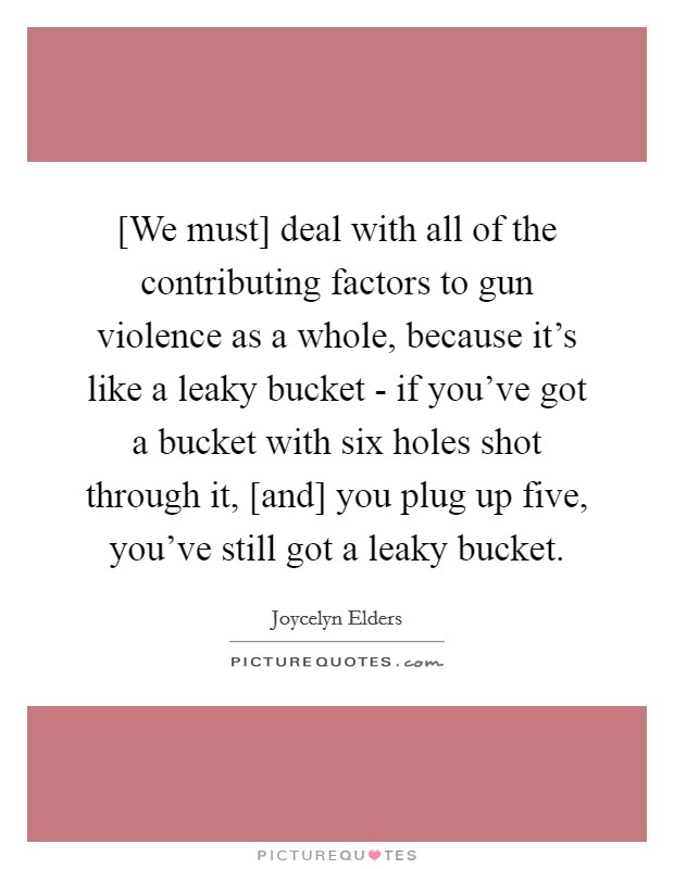 [We must] deal with all of the contributing factors to gun violence as a whole, because it's like a leaky bucket - if you've got a bucket with six holes shot through it, [and] you plug up five, you've still got a leaky bucket. Picture Quote #1