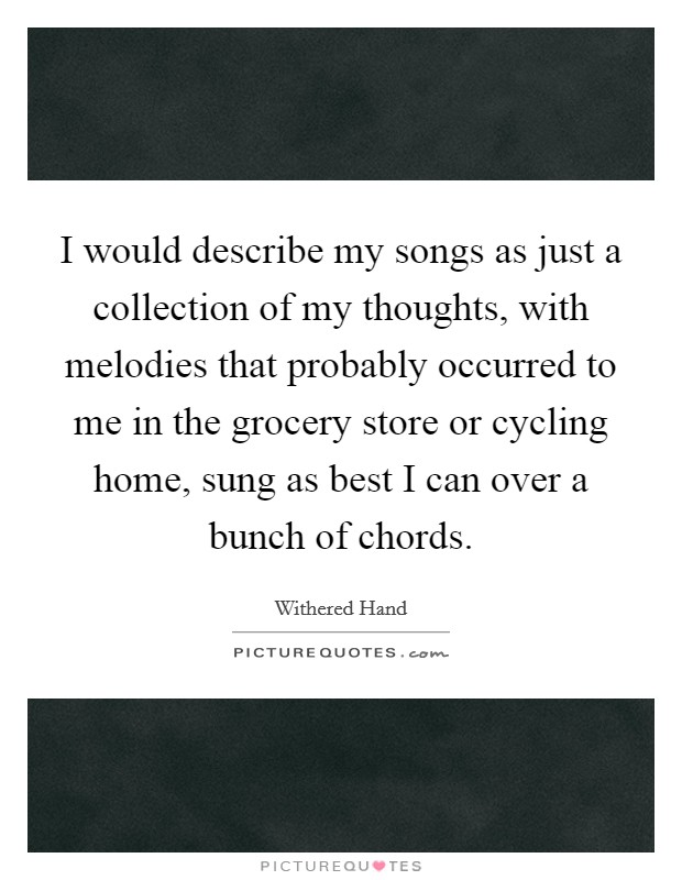 I would describe my songs as just a collection of my thoughts, with melodies that probably occurred to me in the grocery store or cycling home, sung as best I can over a bunch of chords. Picture Quote #1