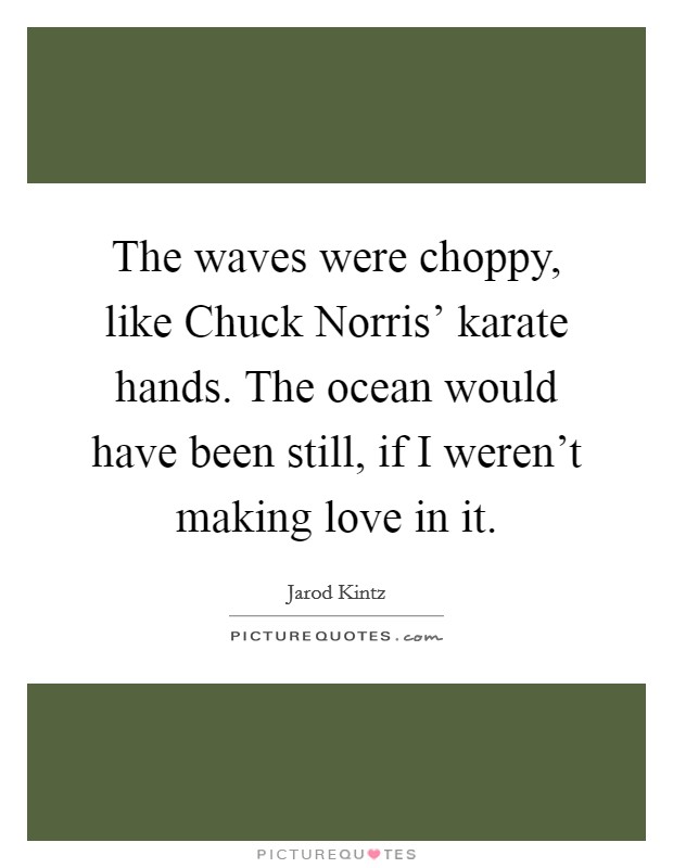 The waves were choppy, like Chuck Norris' karate hands. The ocean would have been still, if I weren't making love in it. Picture Quote #1
