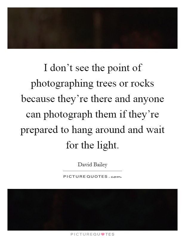 I don't see the point of photographing trees or rocks because they're there and anyone can photograph them if they're prepared to hang around and wait for the light. Picture Quote #1