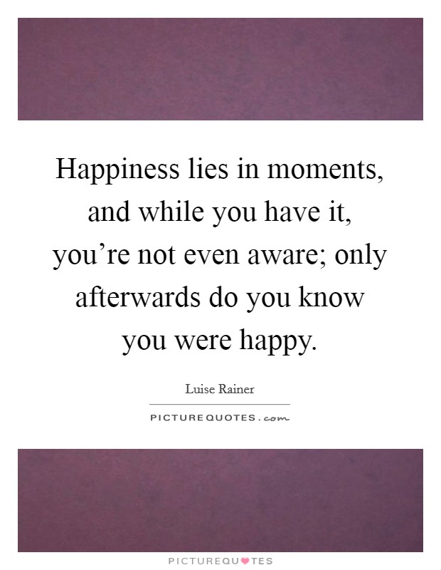 Happiness lies in moments, and while you have it, you're not even aware; only afterwards do you know you were happy. Picture Quote #1