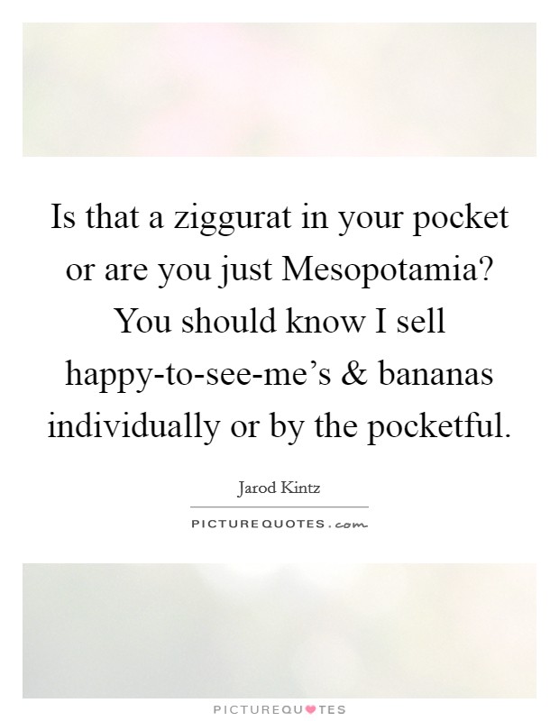 Is that a ziggurat in your pocket or are you just Mesopotamia? You should know I sell happy-to-see-me's and bananas individually or by the pocketful. Picture Quote #1