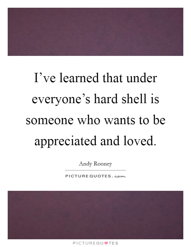 I've learned that under everyone's hard shell is someone who wants to be appreciated and loved. Picture Quote #1