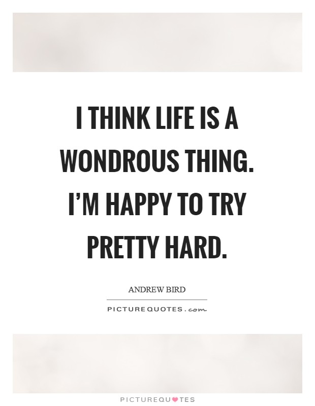 I think life is a wondrous thing. I'm happy to try pretty hard. Picture Quote #1