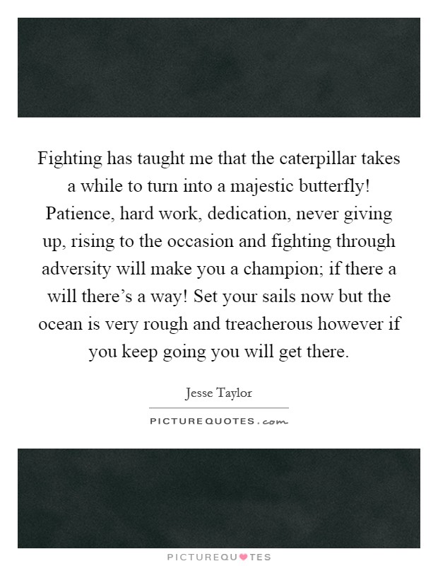 Fighting has taught me that the caterpillar takes a while to turn into a majestic butterfly! Patience, hard work, dedication, never giving up, rising to the occasion and fighting through adversity will make you a champion; if there a will there's a way! Set your sails now but the ocean is very rough and treacherous however if you keep going you will get there. Picture Quote #1