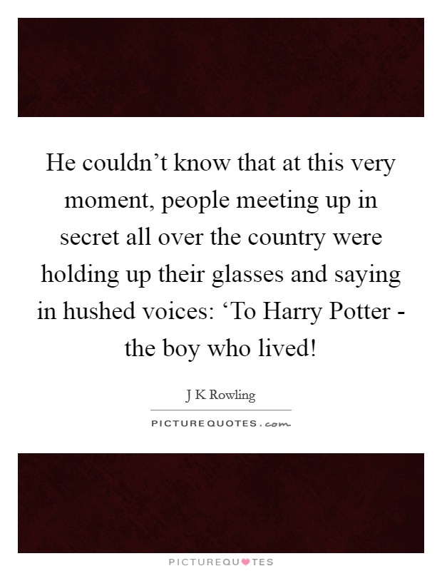 He couldn't know that at this very moment, people meeting up in secret all over the country were holding up their glasses and saying in hushed voices: ‘To Harry Potter - the boy who lived! Picture Quote #1
