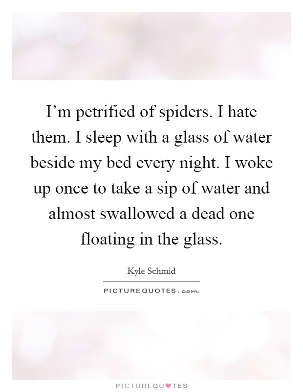 I'm petrified of spiders. I hate them. I sleep with a glass of water beside my bed every night. I woke up once to take a sip of water and almost swallowed a dead one floating in the glass. Picture Quote #1