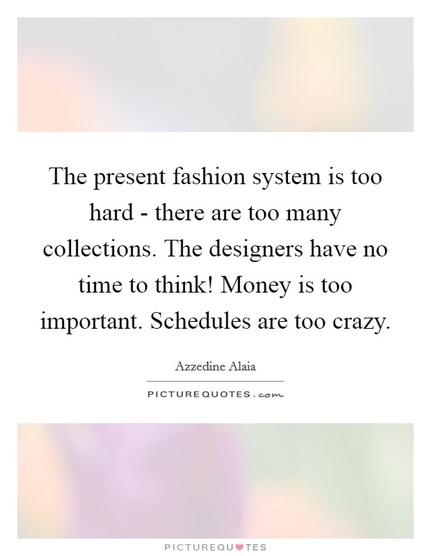 The present fashion system is too hard - there are too many collections. The designers have no time to think! Money is too important. Schedules are too crazy. Picture Quote #1