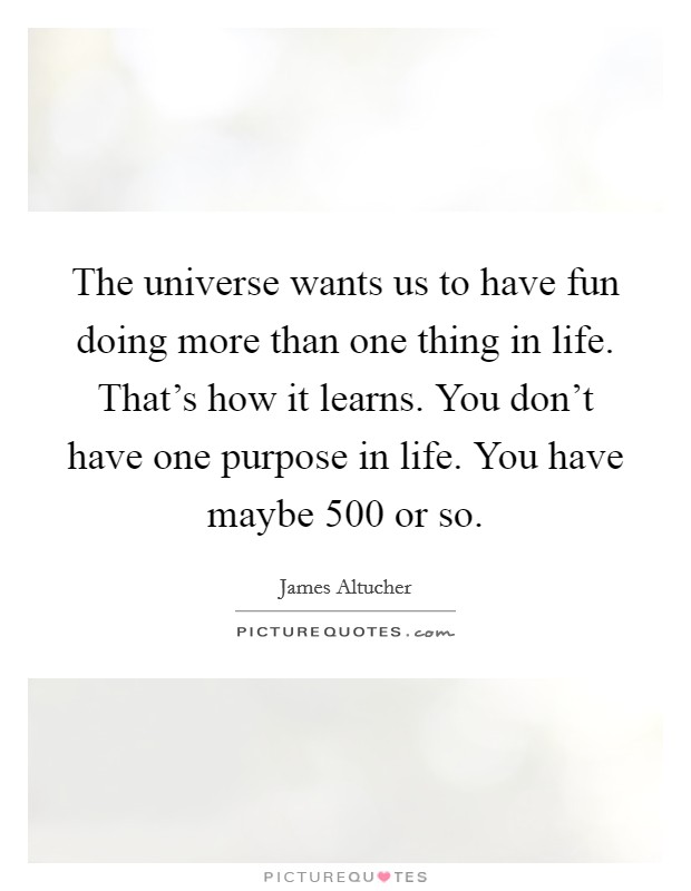 The universe wants us to have fun doing more than one thing in life. That's how it learns. You don't have one purpose in life. You have maybe 500 or so. Picture Quote #1