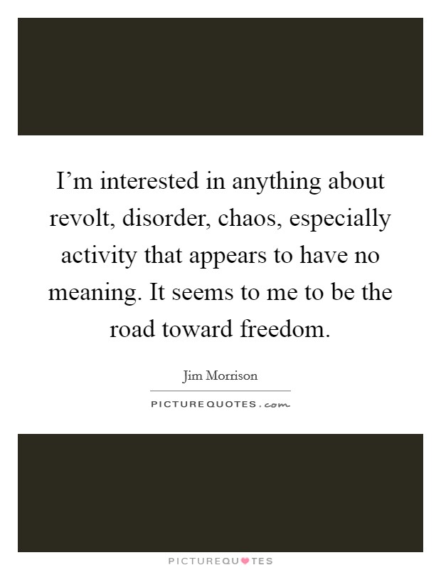 I'm interested in anything about revolt, disorder, chaos, especially activity that appears to have no meaning. It seems to me to be the road toward freedom. Picture Quote #1