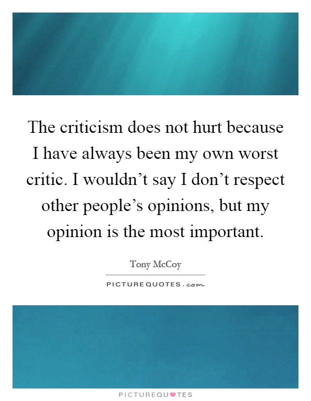 The criticism does not hurt because I have always been my own worst critic. I wouldn't say I don't respect other people's opinions, but my opinion is the most important. Picture Quote #1