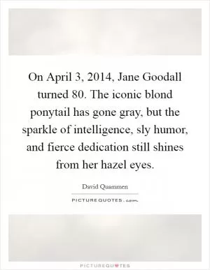 On April 3, 2014, Jane Goodall turned 80. The iconic blond ponytail has gone gray, but the sparkle of intelligence, sly humor, and fierce dedication still shines from her hazel eyes Picture Quote #1