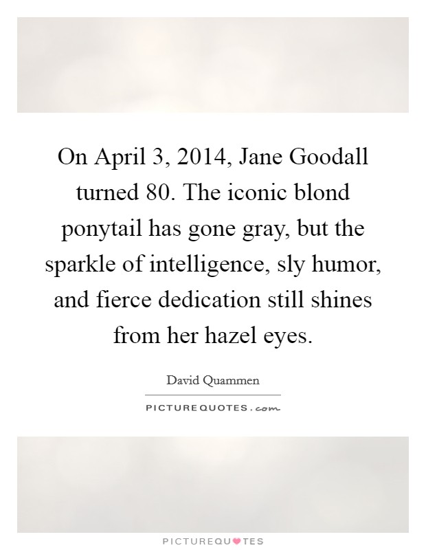 On April 3, 2014, Jane Goodall turned 80. The iconic blond ponytail has gone gray, but the sparkle of intelligence, sly humor, and fierce dedication still shines from her hazel eyes. Picture Quote #1