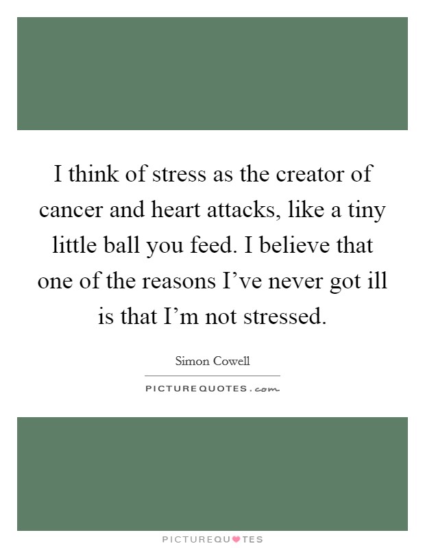 I think of stress as the creator of cancer and heart attacks, like a tiny little ball you feed. I believe that one of the reasons I've never got ill is that I'm not stressed. Picture Quote #1