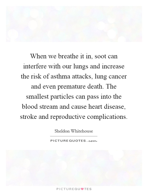 When we breathe it in, soot can interfere with our lungs and increase the risk of asthma attacks, lung cancer and even premature death. The smallest particles can pass into the blood stream and cause heart disease, stroke and reproductive complications. Picture Quote #1