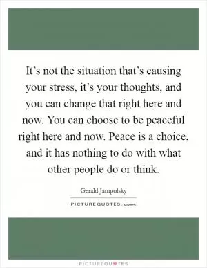 It’s not the situation that’s causing your stress, it’s your thoughts, and you can change that right here and now. You can choose to be peaceful right here and now. Peace is a choice, and it has nothing to do with what other people do or think Picture Quote #1