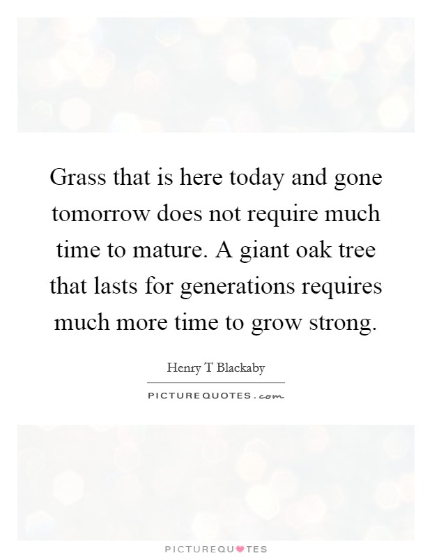 Grass that is here today and gone tomorrow does not require much time to mature. A giant oak tree that lasts for generations requires much more time to grow strong. Picture Quote #1