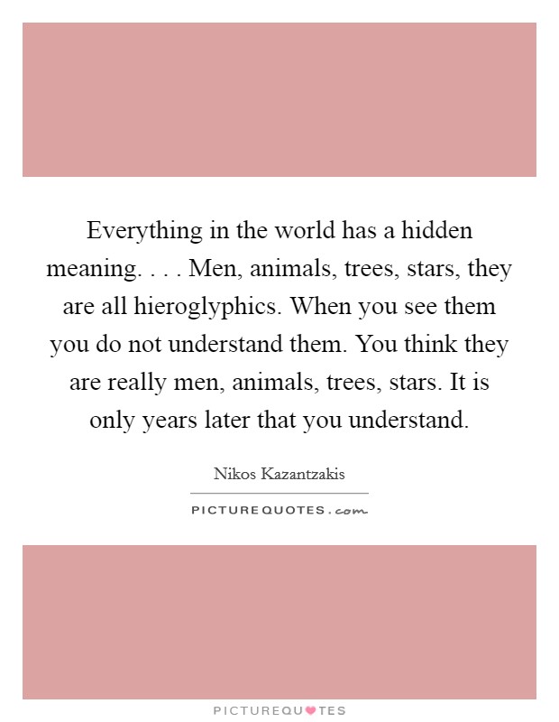 Everything in the world has a hidden meaning. . . . Men, animals, trees, stars, they are all hieroglyphics. When you see them you do not understand them. You think they are really men, animals, trees, stars. It is only years later that you understand. Picture Quote #1