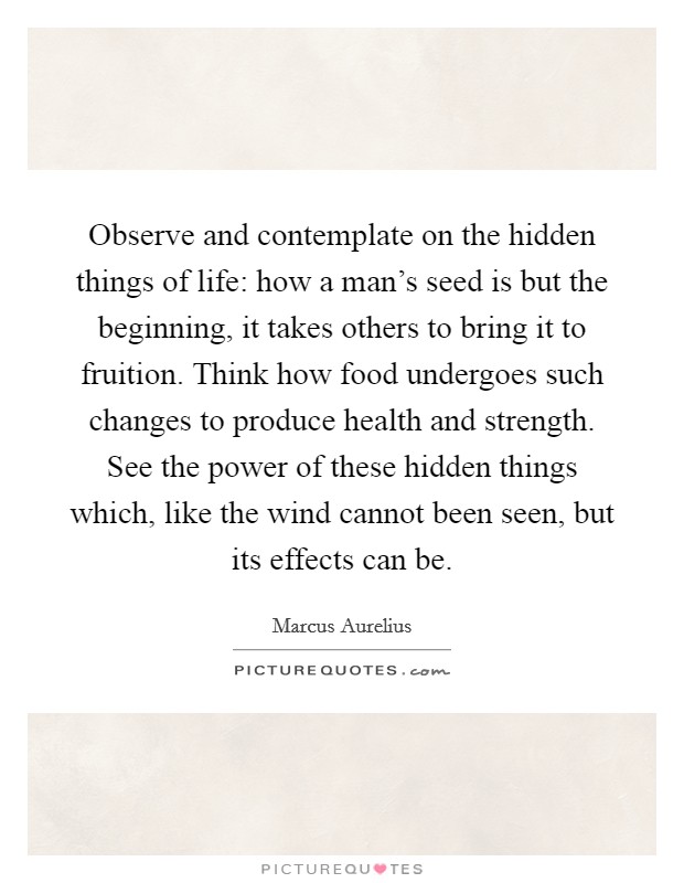 Observe and contemplate on the hidden things of life: how a man's seed is but the beginning, it takes others to bring it to fruition. Think how food undergoes such changes to produce health and strength. See the power of these hidden things which, like the wind cannot been seen, but its effects can be. Picture Quote #1